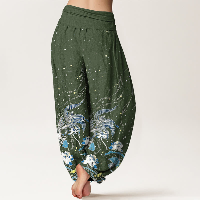 Nimara Ritual Cotton Starry Sky Koi Fish Lotus Waves Pattern Women's Elastic Waist Harem Pants
