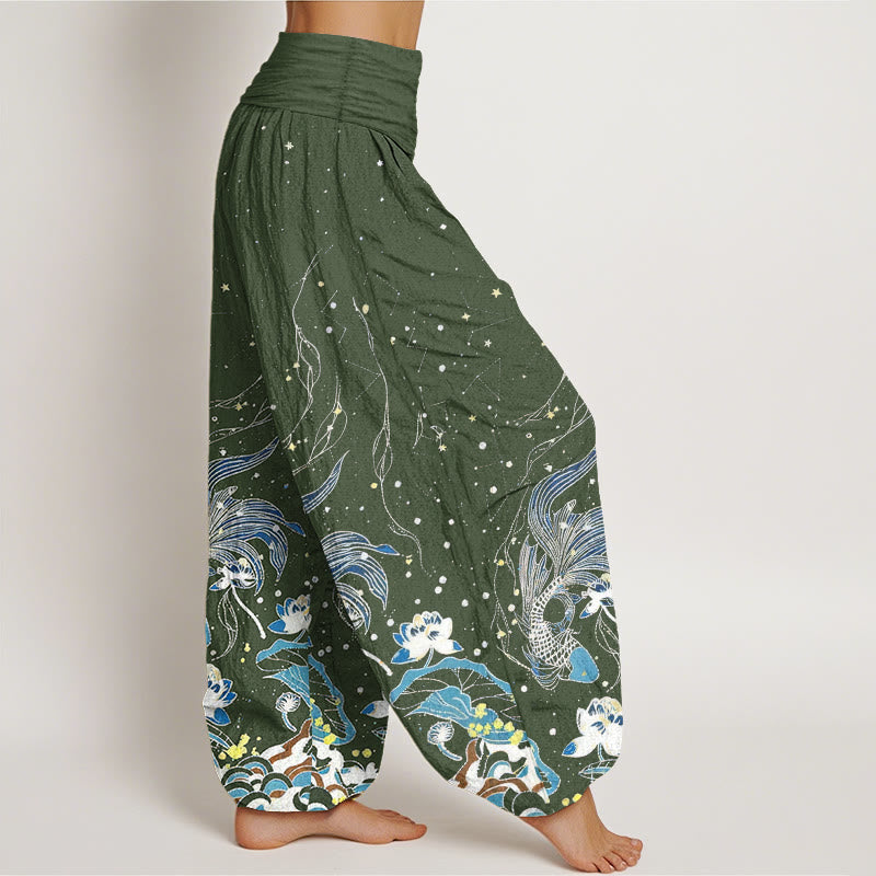 Nimara Ritual Cotton Starry Sky Koi Fish Lotus Waves Pattern Women's Elastic Waist Harem Pants