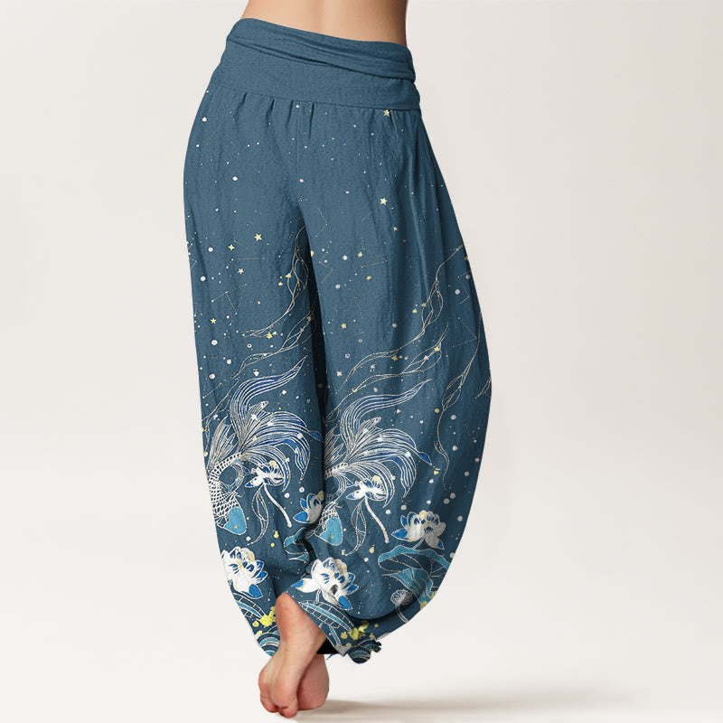 Nimara Ritual Cotton Starry Sky Koi Fish Lotus Waves Pattern Women's Elastic Waist Harem Pants