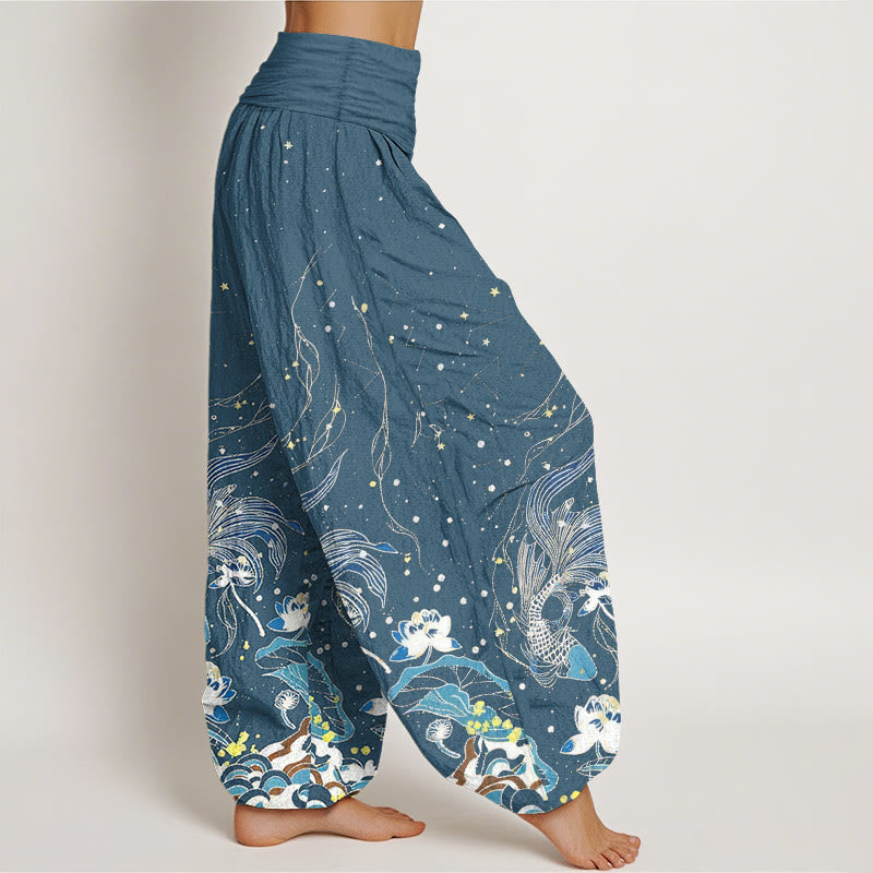 Nimara Ritual Cotton Starry Sky Koi Fish Lotus Waves Pattern Women's Elastic Waist Harem Pants