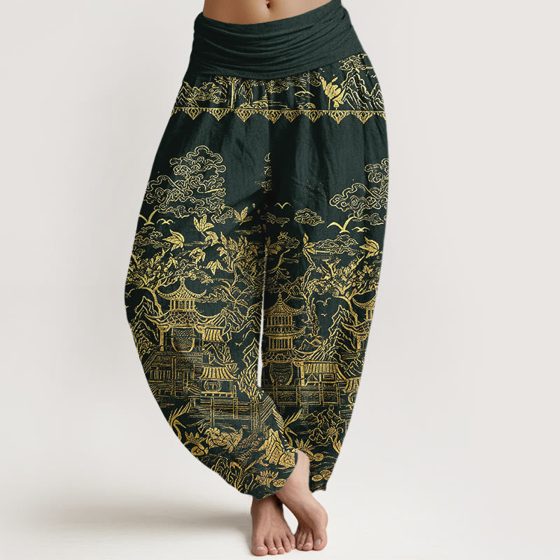 Nimara Ritual Cotton Classical Architecture Landscape Animal Auspicious Clouds Pattern Women's Elastic Waist Harem Pants