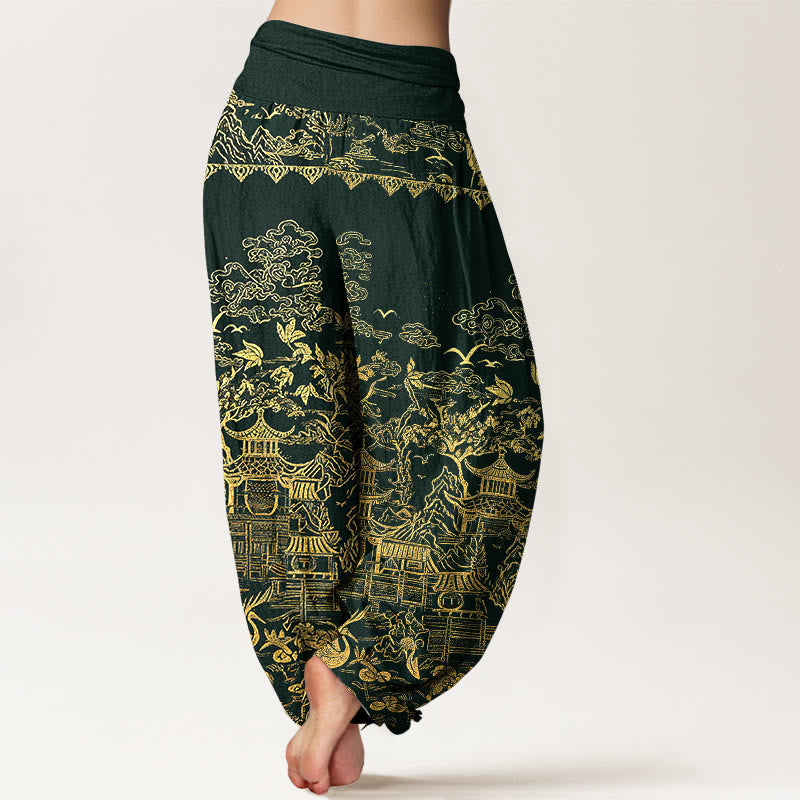Nimara Ritual Cotton Classical Architecture Landscape Animal Auspicious Clouds Pattern Women's Elastic Waist Harem Pants