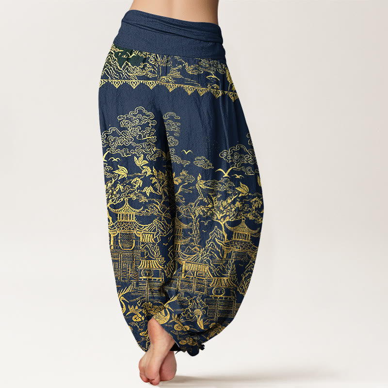 Nimara Ritual Cotton Classical Architecture Landscape Animal Auspicious Clouds Pattern Women's Elastic Waist Harem Pants