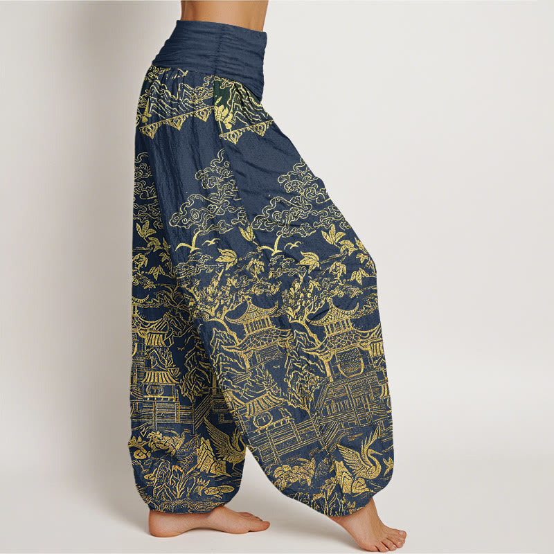 Nimara Ritual Cotton Classical Architecture Landscape Animal Auspicious Clouds Pattern Women's Elastic Waist Harem Pants