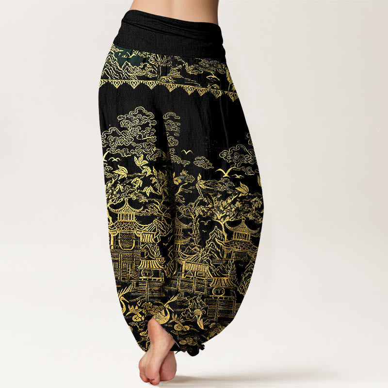 Nimara Ritual Cotton Classical Architecture Landscape Animal Auspicious Clouds Pattern Women's Elastic Waist Harem Pants