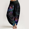 Nimara Ritual Cotton Neon Lotus Branches Pattern Women's Elastic Waist Harem Pants