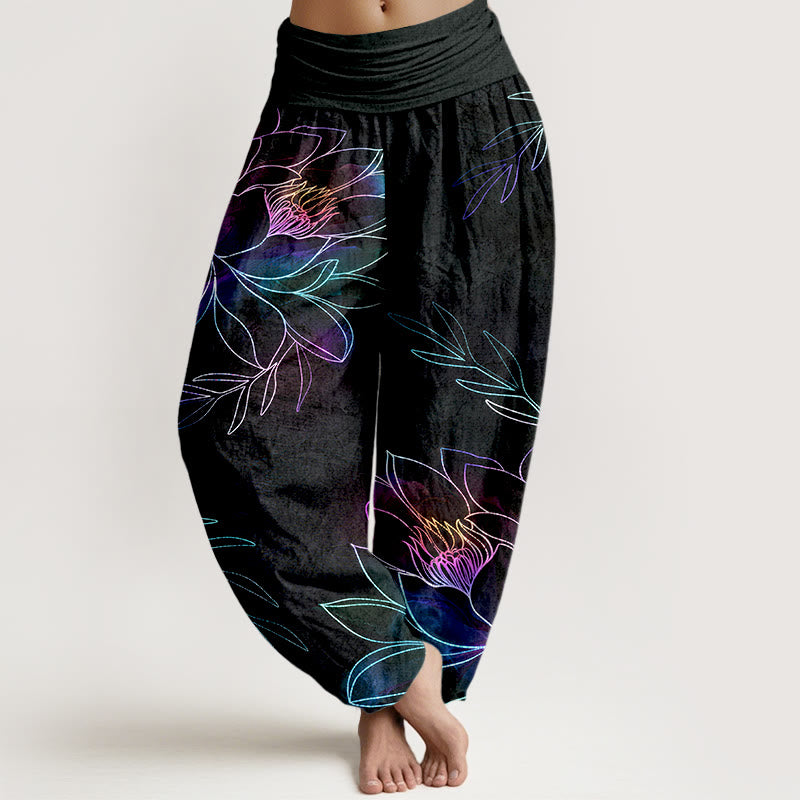 Nimara Ritual Cotton Neon Lotus Branches Pattern Women's Elastic Waist Harem Pants
