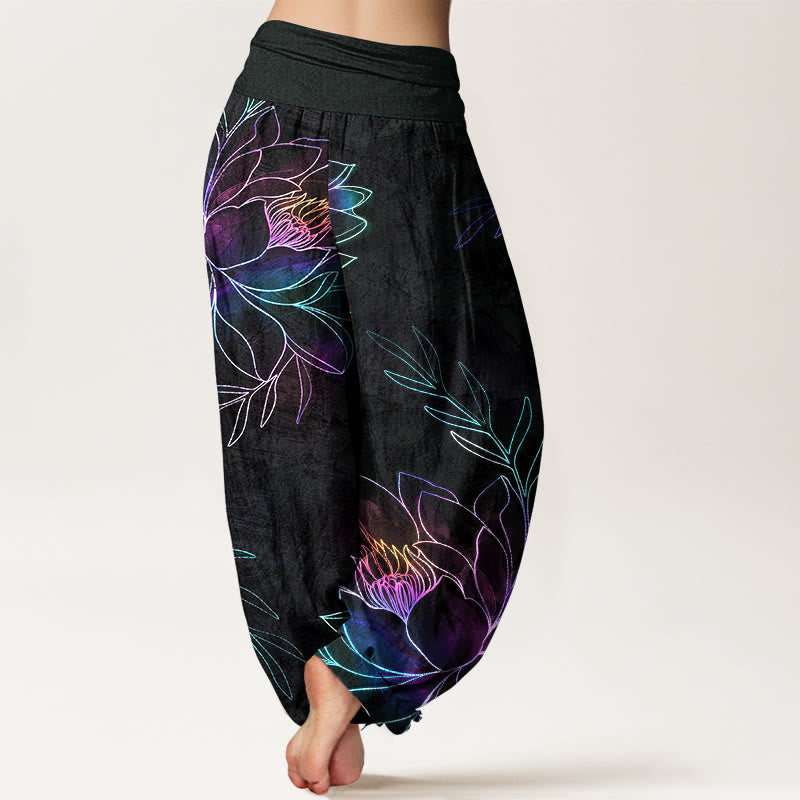 Nimara Ritual Cotton Neon Lotus Branches Pattern Women's Elastic Waist Harem Pants