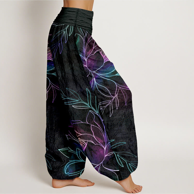 Nimara Ritual Cotton Neon Lotus Branches Pattern Women's Elastic Waist Harem Pants