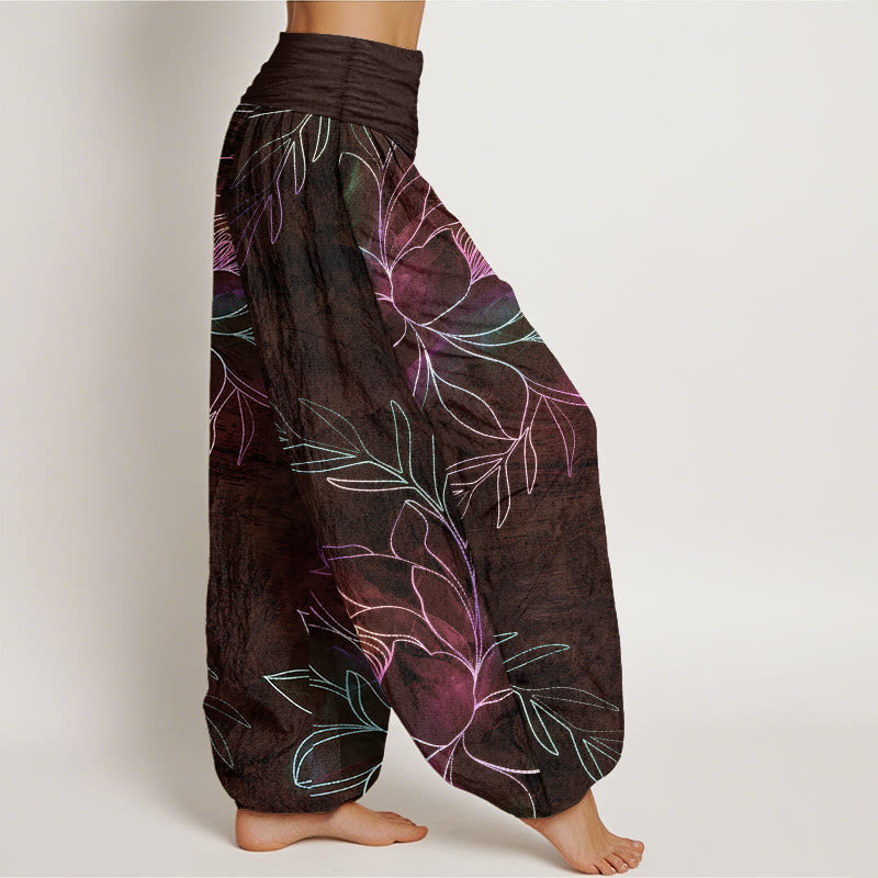 Nimara Ritual Cotton Neon Lotus Branches Pattern Women's Elastic Waist Harem Pants