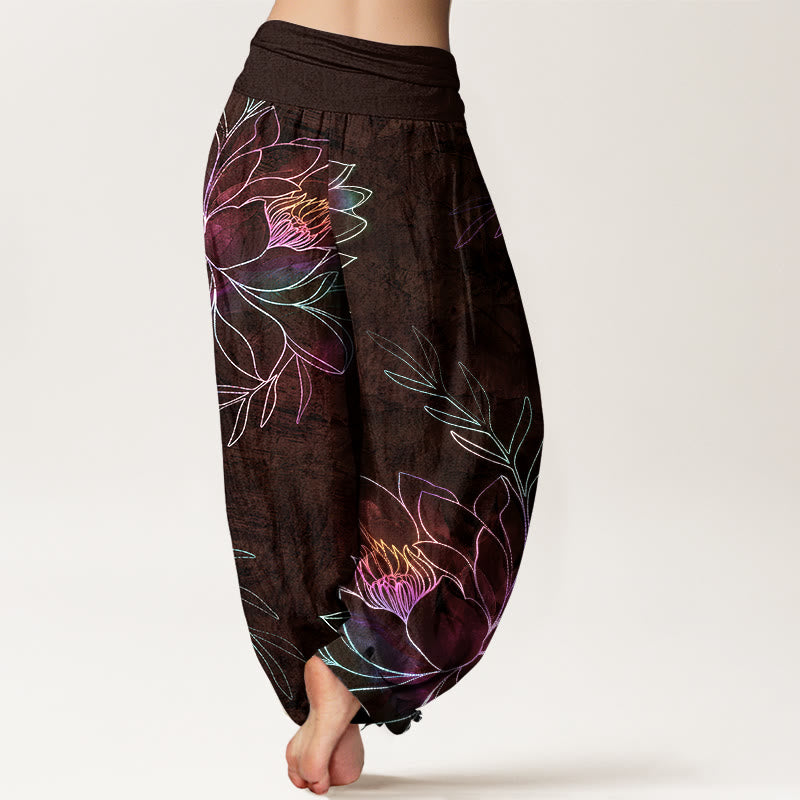 Nimara Ritual Cotton Neon Lotus Branches Pattern Women's Elastic Waist Harem Pants