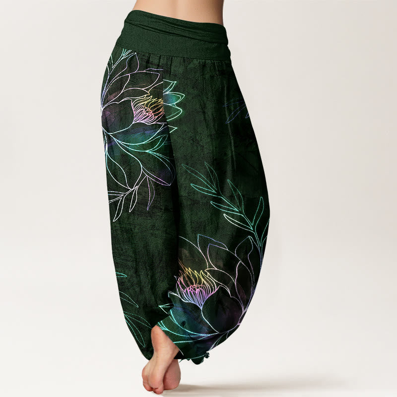 Nimara Ritual Cotton Neon Lotus Branches Pattern Women's Elastic Waist Harem Pants