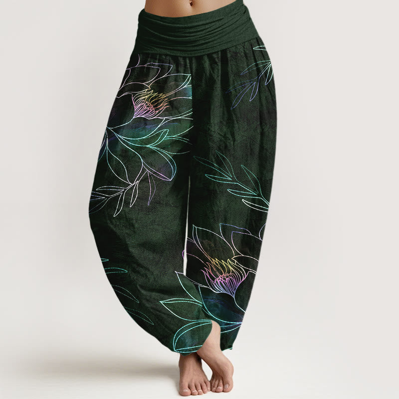 Nimara Ritual Cotton Neon Lotus Branches Pattern Women's Elastic Waist Harem Pants