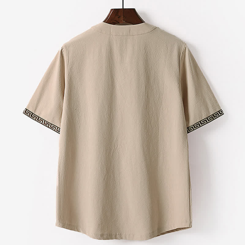 Nimara Ritual Summer Embroidered Short Sleeve Notched Collar Men's Cotton Linen T-Shirt