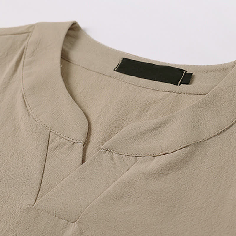 Nimara Ritual Summer Embroidered Short Sleeve Notched Collar Men's Cotton Linen T-Shirt