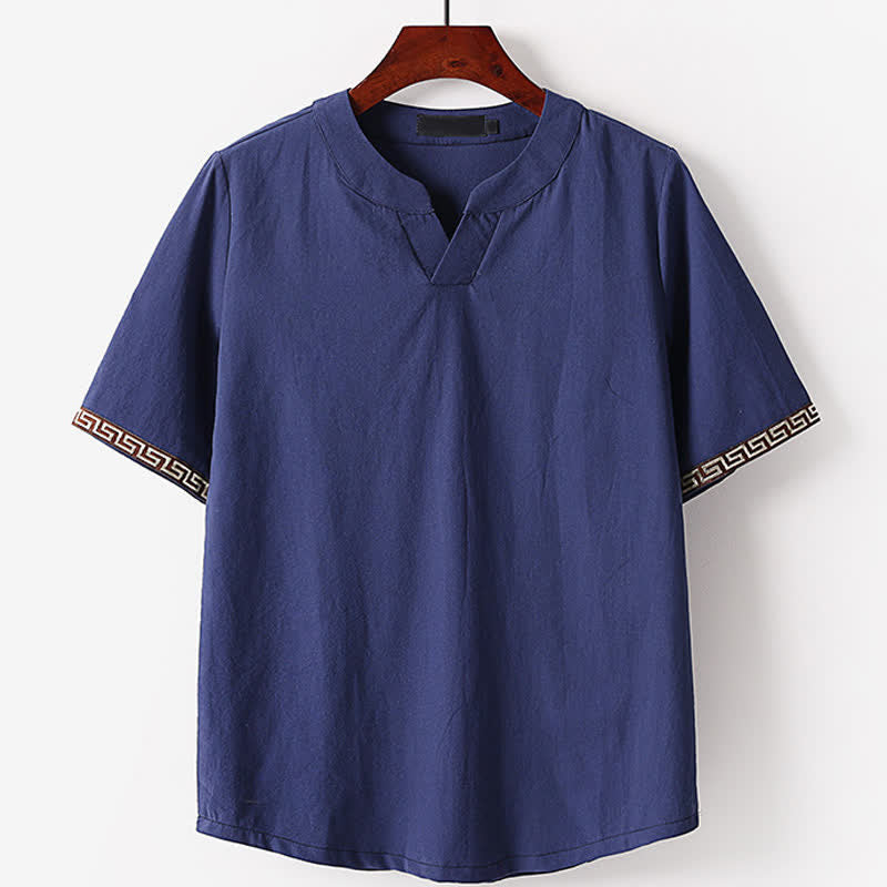 Nimara Ritual Summer Embroidered Short Sleeve Notched Collar Men's Cotton Linen T-Shirt