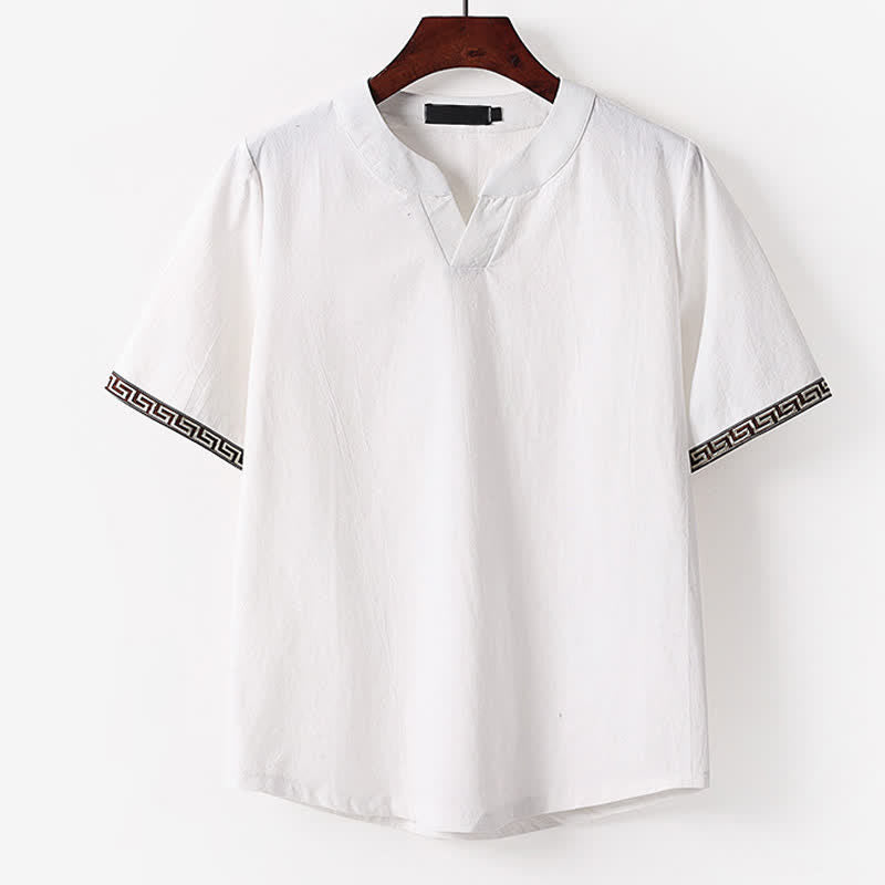 Nimara Ritual Summer Embroidered Short Sleeve Notched Collar Men's Cotton Linen T-Shirt