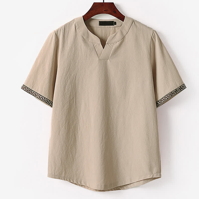 Nimara Ritual Summer Embroidered Short Sleeve Notched Collar Men's Cotton Linen T-Shirt