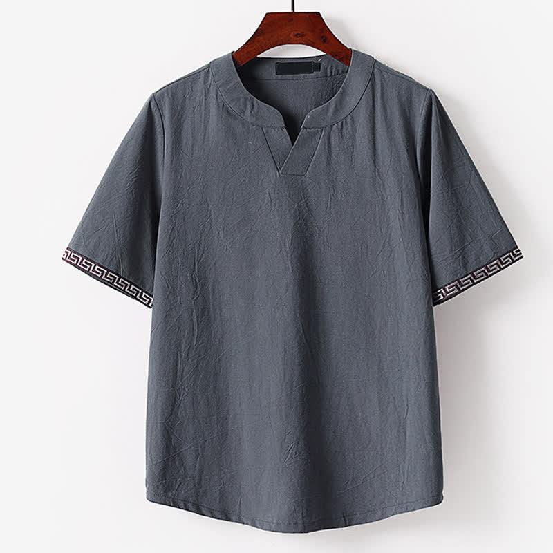 Nimara Ritual Summer Embroidered Short Sleeve Notched Collar Men's Cotton Linen T-Shirt