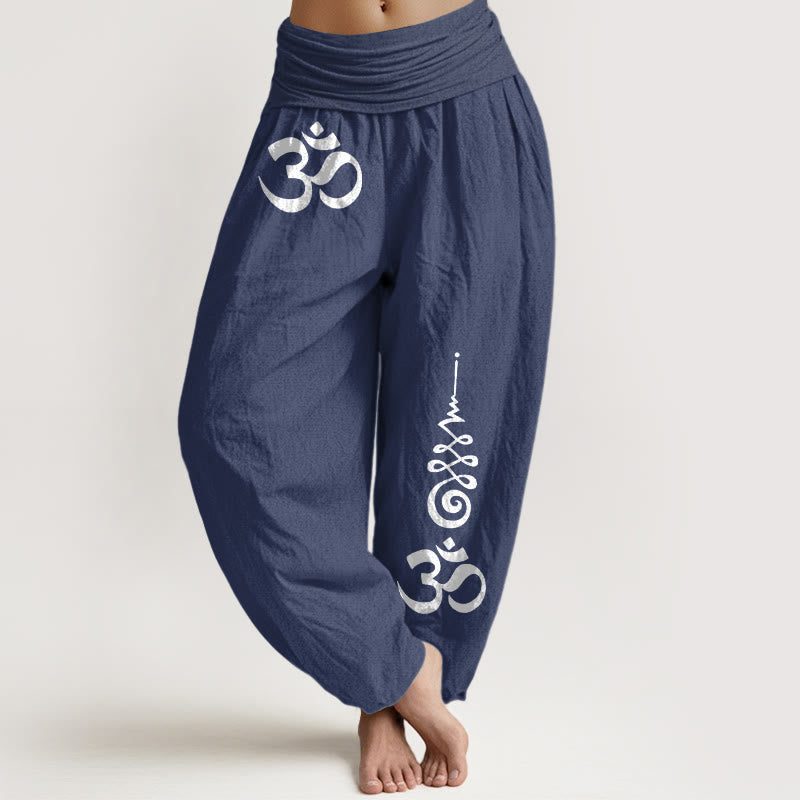 Nimara Ritual Cotton Calm OM Energy Lines Pattern Women's Elastic Waist Harem Pants