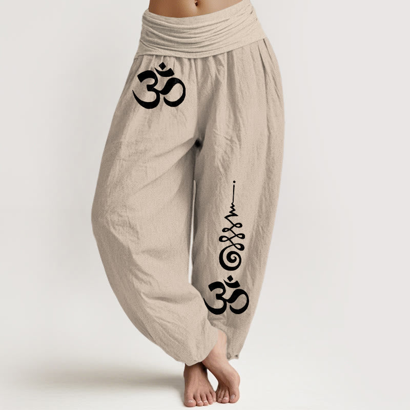 Nimara Ritual Cotton Calm OM Energy Lines Pattern Women's Elastic Waist Harem Pants
