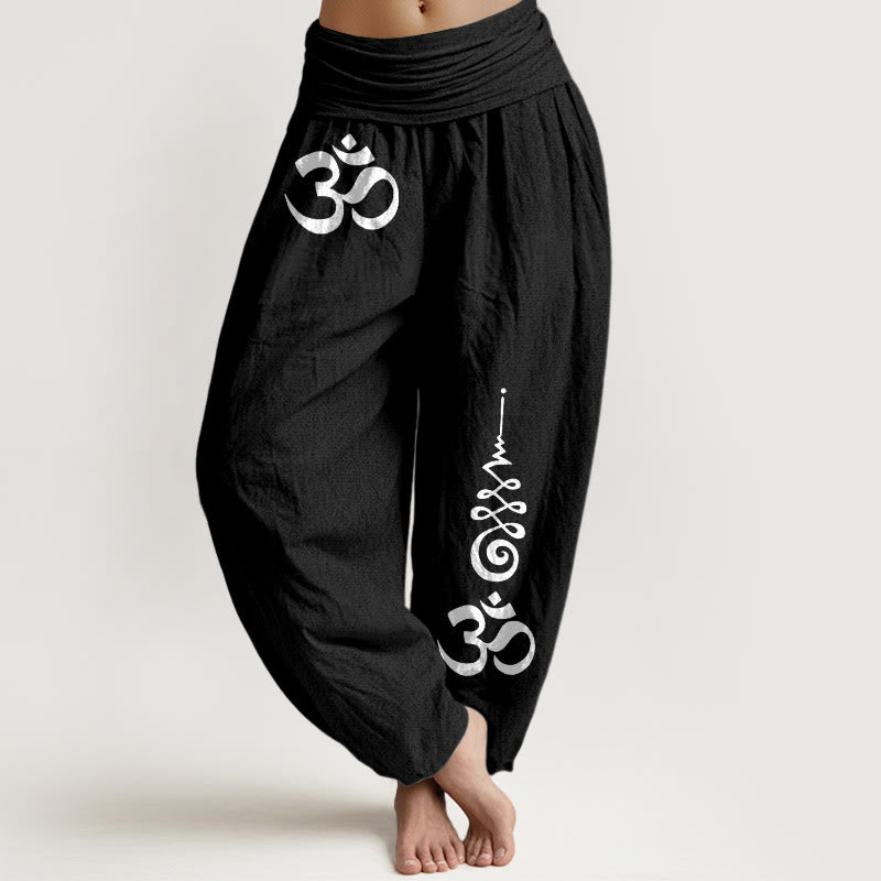 Nimara Ritual Cotton Calm OM Energy Lines Pattern Women's Elastic Waist Harem Pants