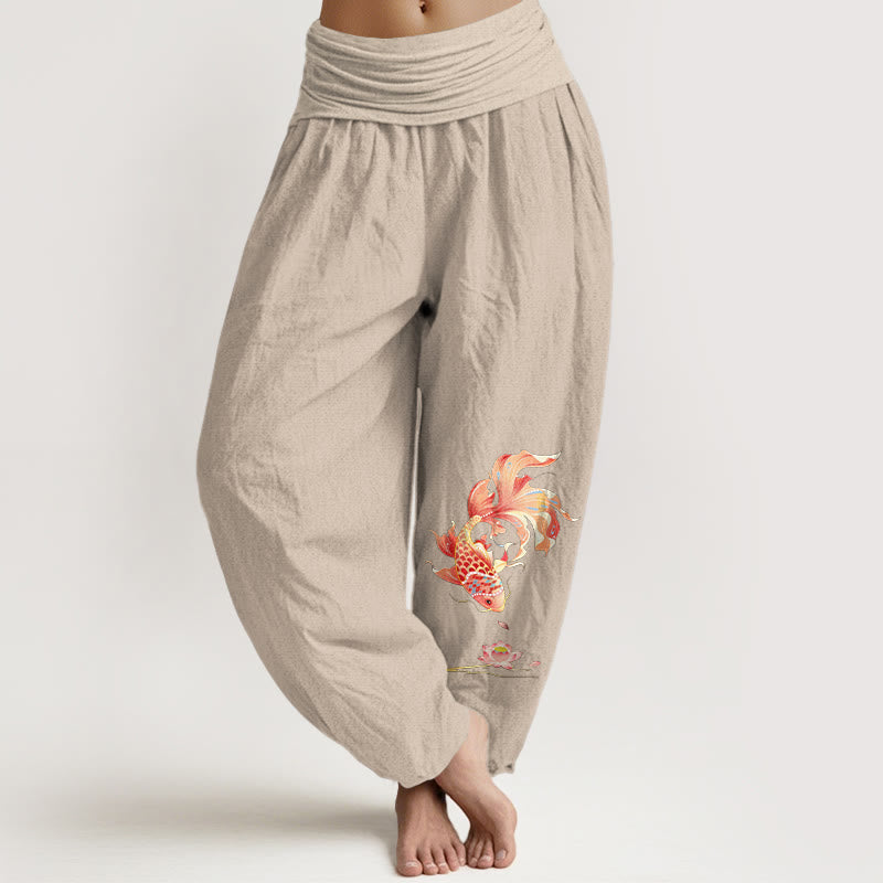 Nimara Ritual Cotton Luck Koi Fish Lotus Pattern Women's Elastic Waist Harem Pants
