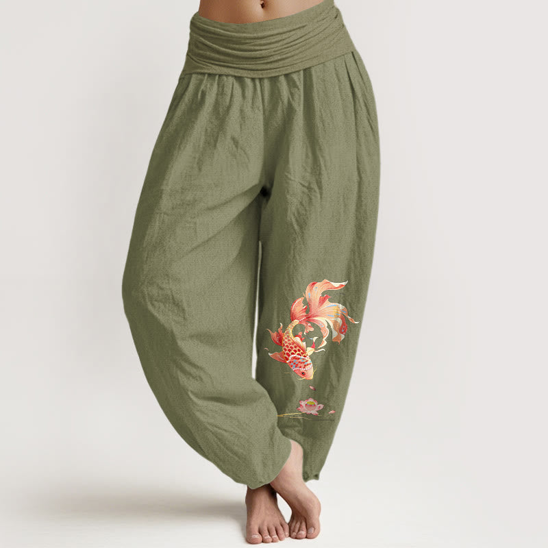 Nimara Ritual Cotton Luck Koi Fish Lotus Pattern Women's Elastic Waist Harem Pants