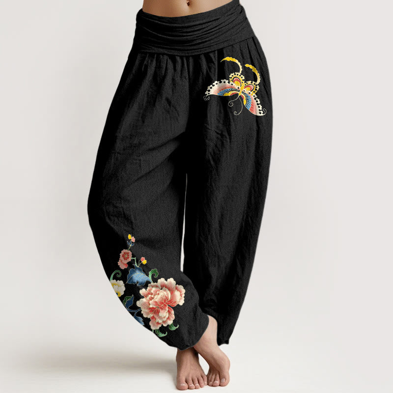 Nimara Ritual Cotton Auspicious Peony Flower Butterfly Pattern Women's Elastic Waist Harem Pants