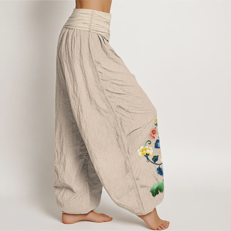 Nimara Ritual Cotton Auspicious Peony Flower Butterfly Pattern Women's Elastic Waist Harem Pants