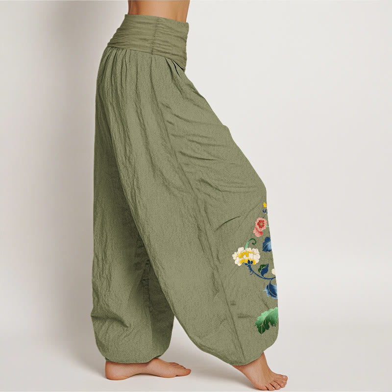 Nimara Ritual Cotton Auspicious Peony Flower Butterfly Pattern Women's Elastic Waist Harem Pants