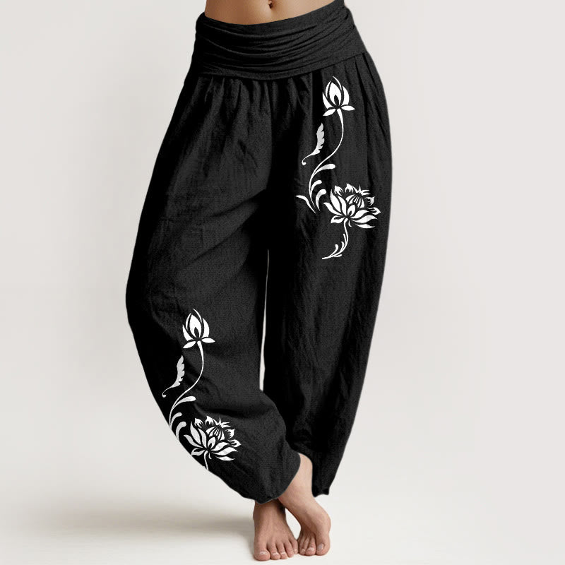Nimara Ritual Cotton Stable Lotus Petals Pattern Women's Elastic Waist Harem Pants