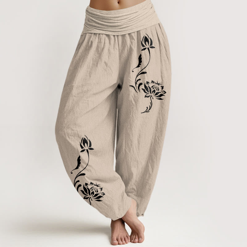Nimara Ritual Cotton Stable Lotus Petals Pattern Women's Elastic Waist Harem Pants