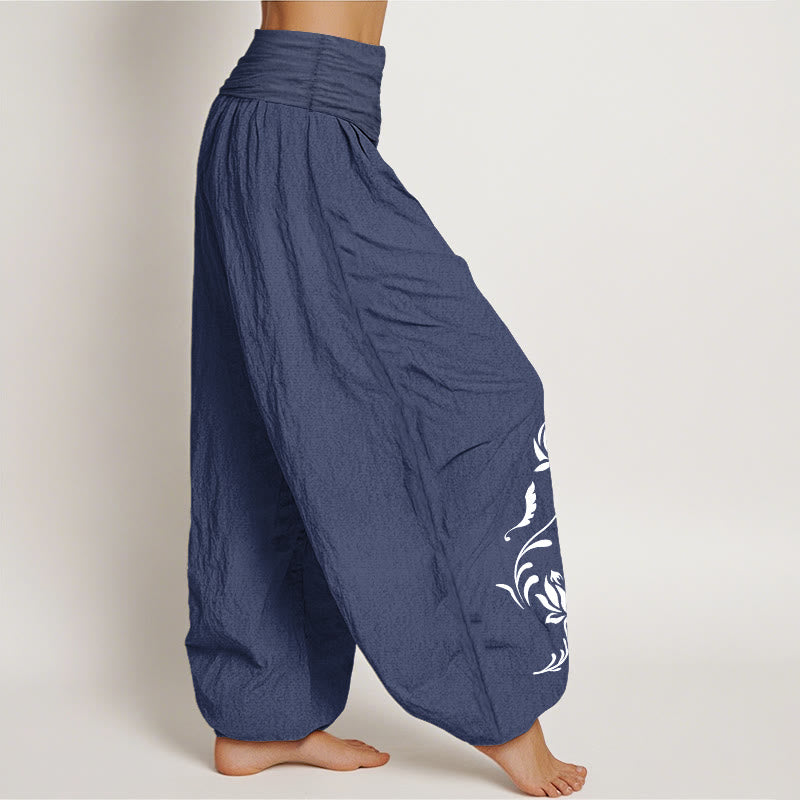 Nimara Ritual Cotton Stable Lotus Petals Pattern Women's Elastic Waist Harem Pants
