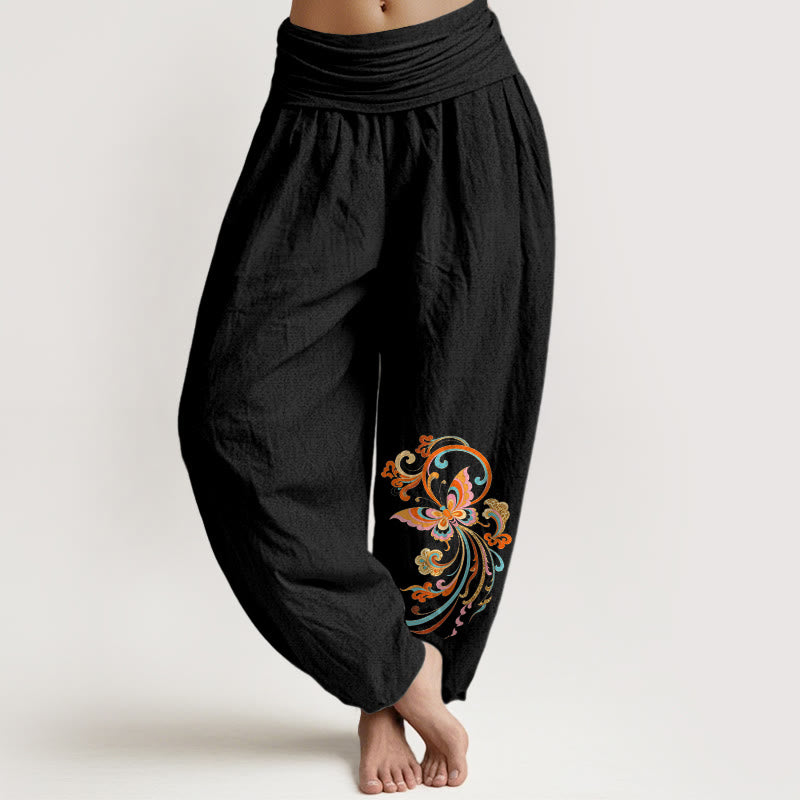 Nimara Ritual Cotton Free Butterfly Auspicious Cloud Pattern Women's Elastic Waist Harem Pants