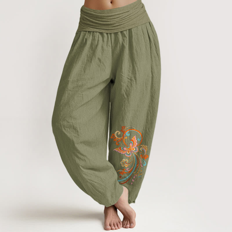 Nimara Ritual Cotton Free Butterfly Auspicious Cloud Pattern Women's Elastic Waist Harem Pants