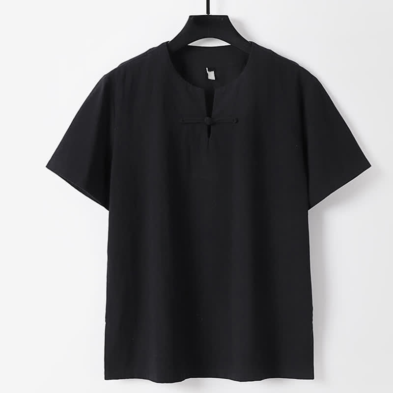 Nimara Ritual Solid Color Frog-Button Short Sleeve Notched Collar Men's Cotton Linen T-Shirt