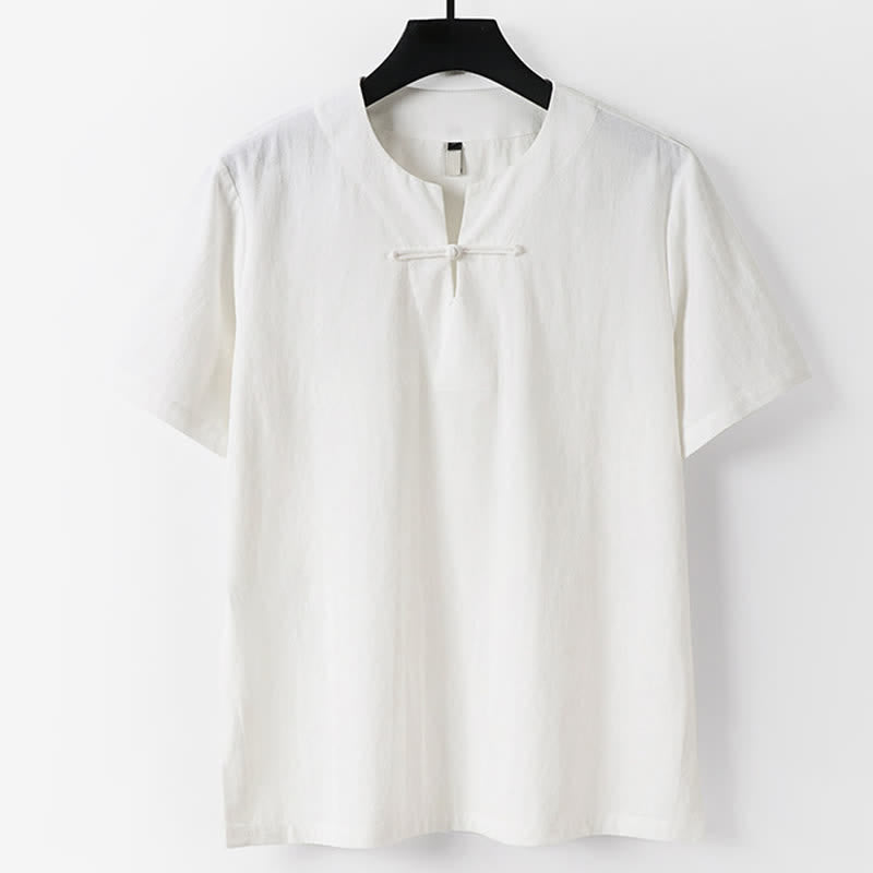 Nimara Ritual Solid Color Frog-Button Short Sleeve Notched Collar Men's Cotton Linen T-Shirt