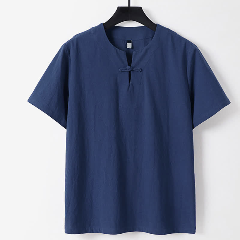 Nimara Ritual Solid Color Frog-Button Short Sleeve Notched Collar Men's Cotton Linen T-Shirt