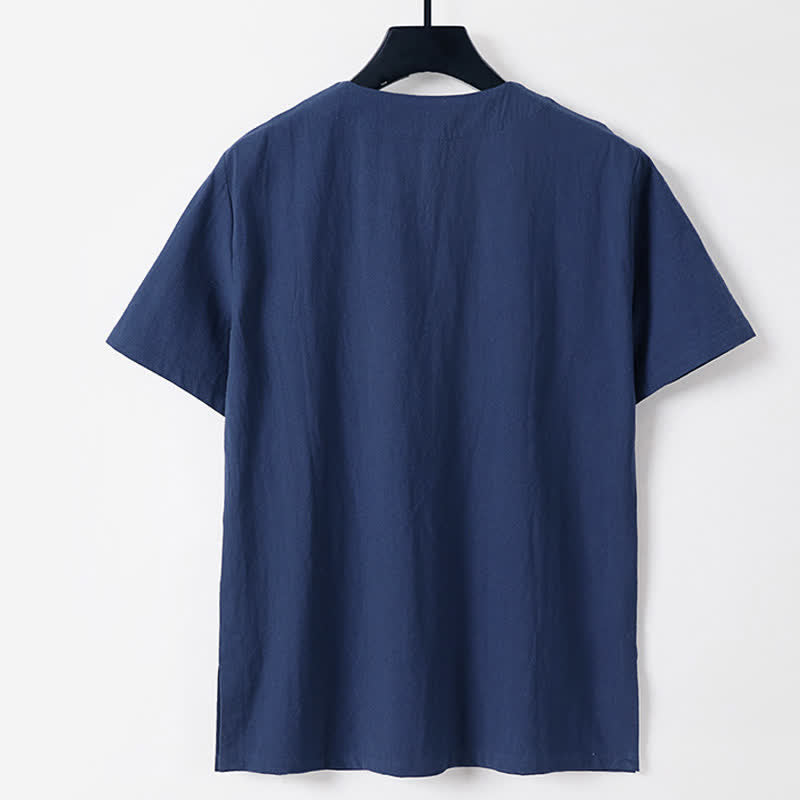 Nimara Ritual Solid Color Frog-Button Short Sleeve Notched Collar Men's Cotton Linen T-Shirt