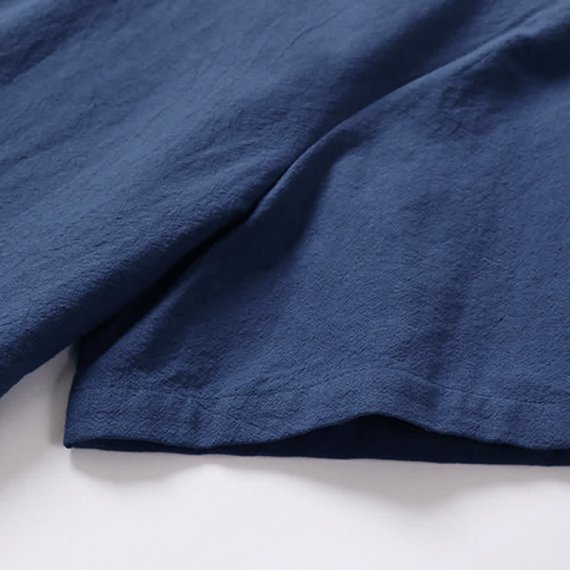 Nimara Ritual Solid Color Frog-Button Short Sleeve Notched Collar Men's Cotton Linen T-Shirt