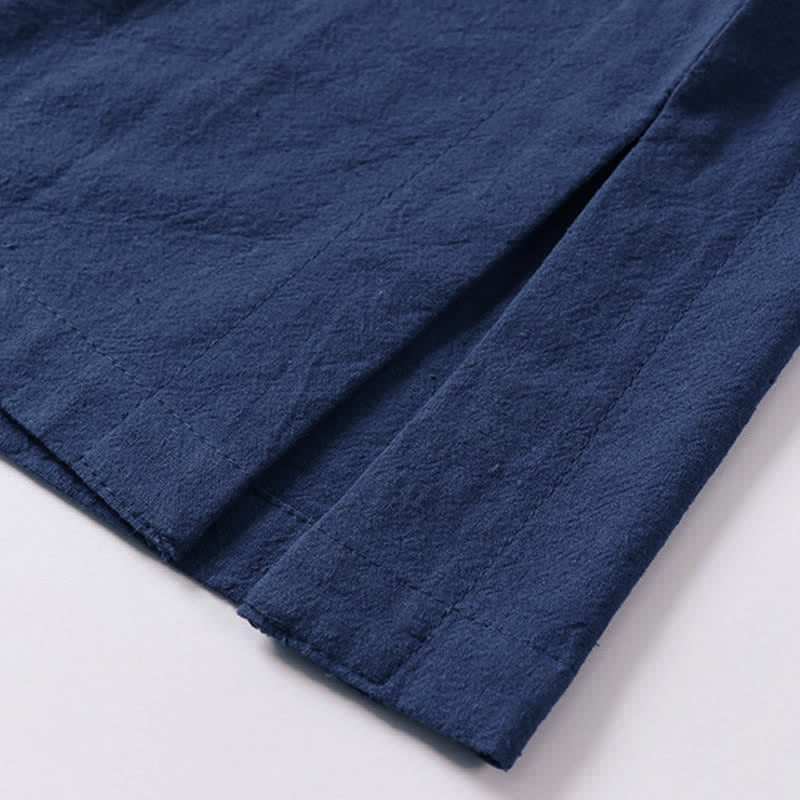 Nimara Ritual Solid Color Frog-Button Short Sleeve Notched Collar Men's Cotton Linen T-Shirt