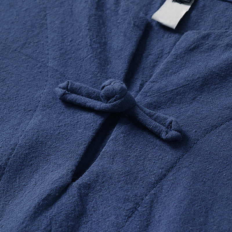 Nimara Ritual Solid Color Frog-Button Short Sleeve Notched Collar Men's Cotton Linen T-Shirt