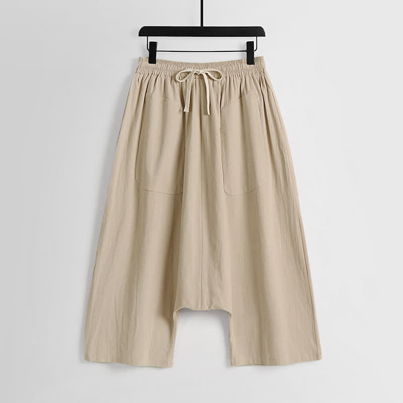 Nimara Ritual Plain Drop Crotch Design Cotton Linen Men's Harem 7-8 Length Pants