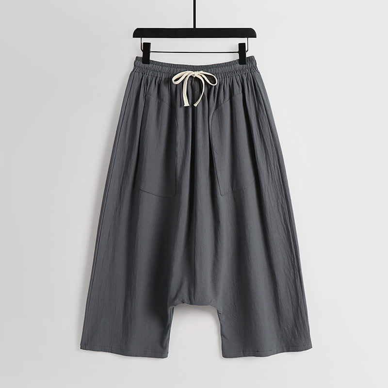 Nimara Ritual Plain Drop Crotch Design Cotton Linen Men's Harem 7-8 Length Pants