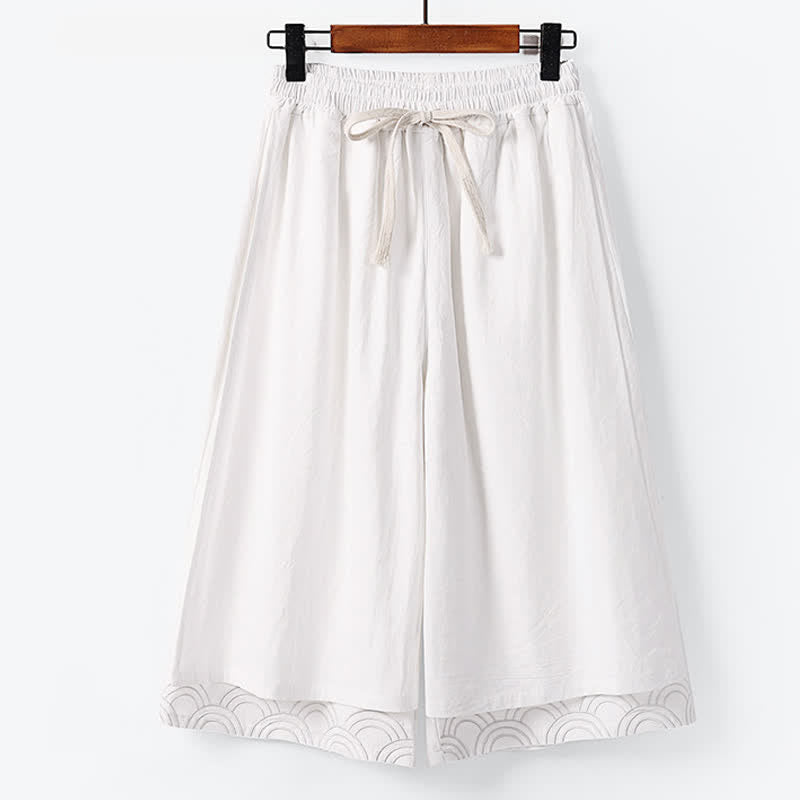 Nimara Ritual Summer Embroidery Capri Length Cotton Linen Men's Wide Leg Pants With Pockets