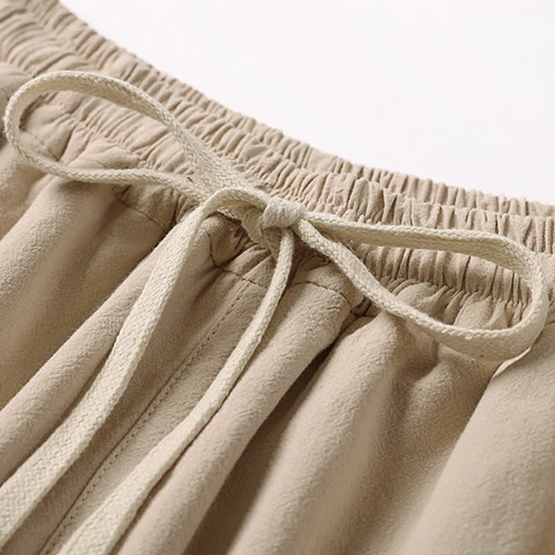 Nimara Ritual Summer Embroidery Capri Length Cotton Linen Men's Wide Leg Pants With Pockets