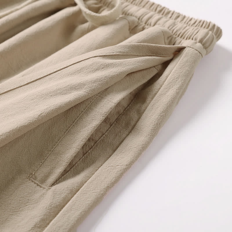 Nimara Ritual Summer Embroidery Capri Length Cotton Linen Men's Wide Leg Pants With Pockets