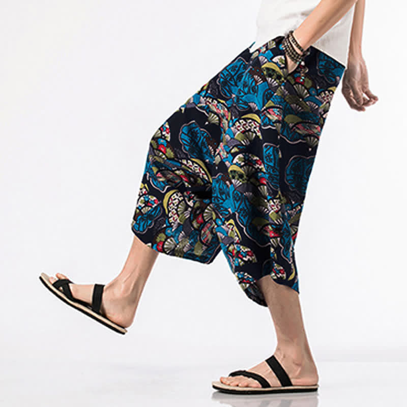 Nimara Ritual Ethnic Printing Floral Geometric Pattern Men's Harem 7-8 Length Pants With Pockets