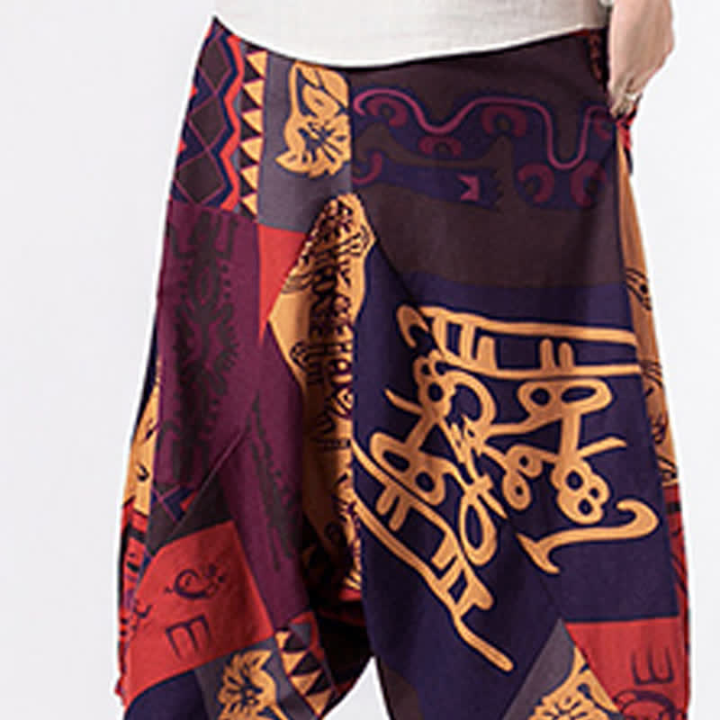 Nimara Ritual Ethnic Printing Floral Geometric Pattern Men's Harem 7-8 Length Pants With Pockets
